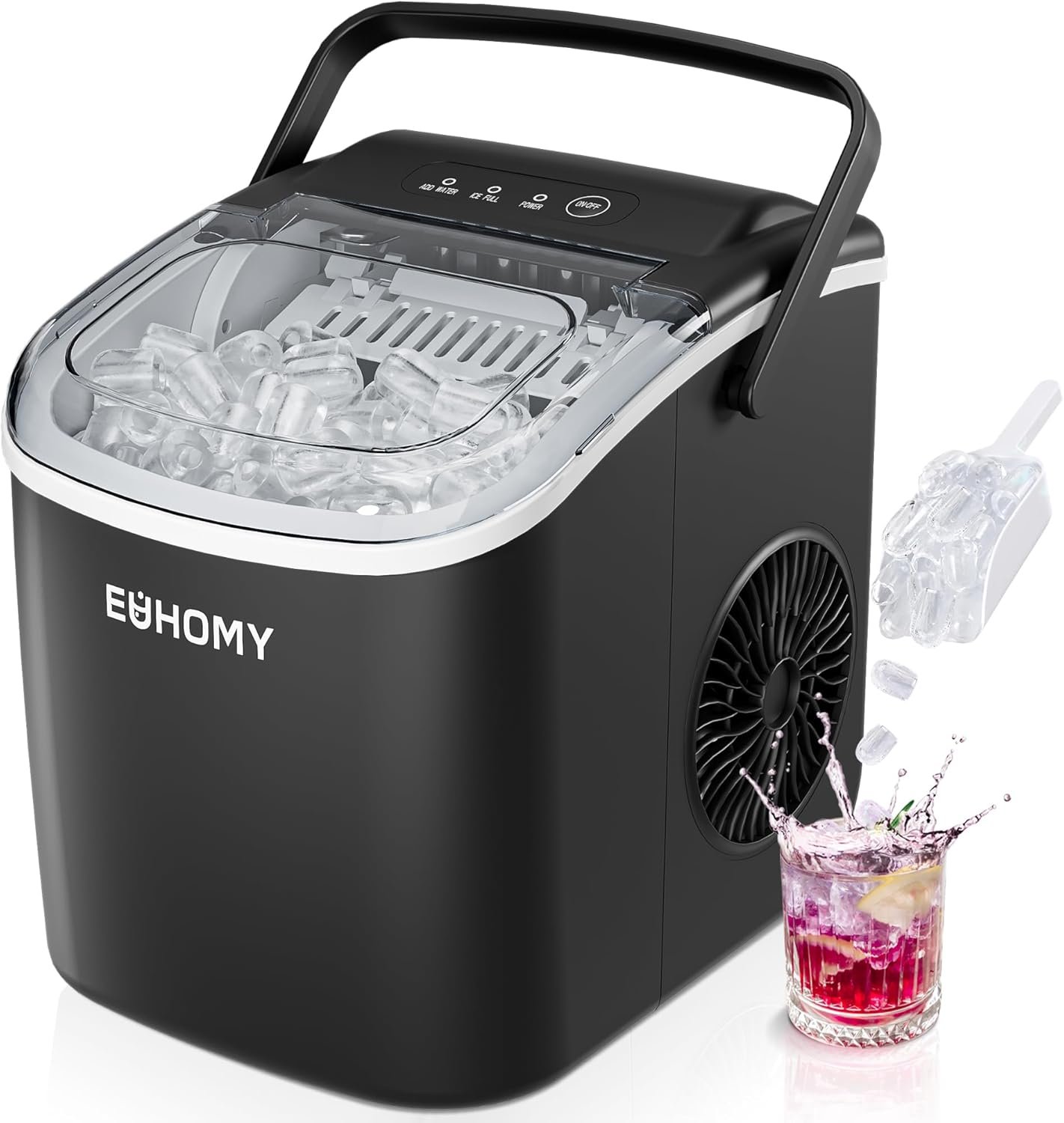 EUHOMY Countertop Ice Maker Machine with Handle, 26lbs in 24Hrs, 9 Ice Cubes Ready in 6 Mins, Auto-Cleaning Portable Ice Maker with Basket and Scoop, for Home/Kitchen/Camping/RV.