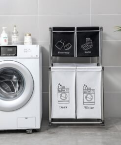 Household Laundry Organizer | Multi-Purpose Clothes Storage Rack - Black & White 4-Compartment (Non-Wheeled Version)