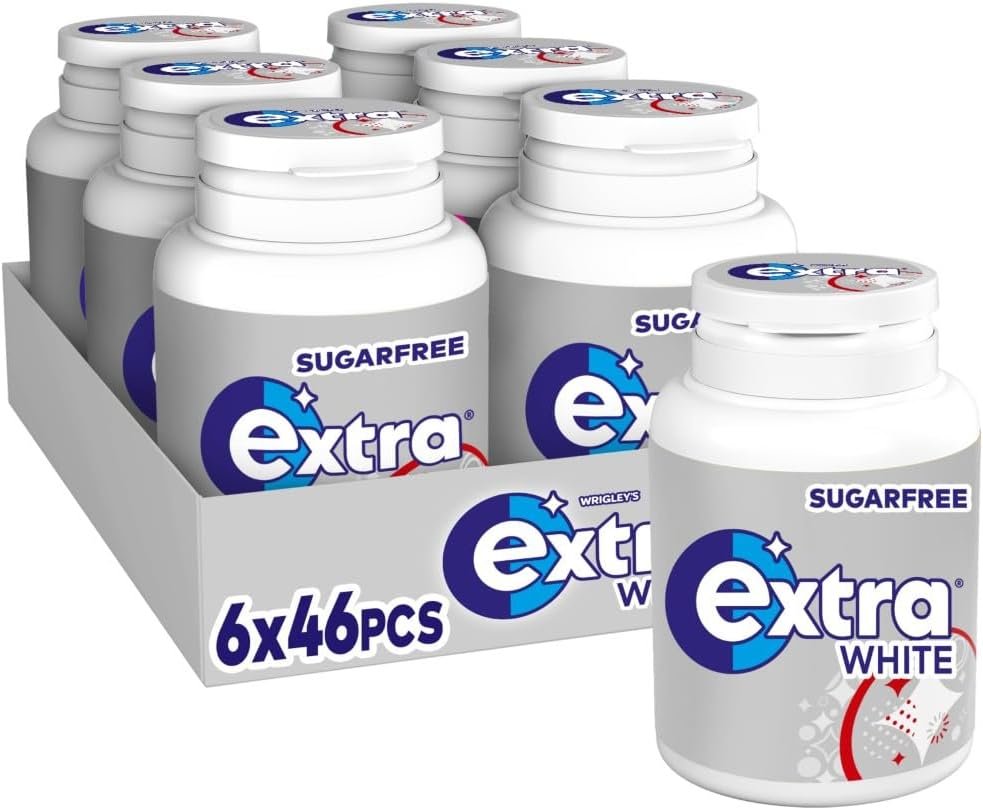 Wrigley's Extra White Chewing Gum, Classic Mint Flavour, 6 Bottles of 46 Pieces, Sugar Free Chewing Gum Bulk Pack with Xylitol (pack of 6)